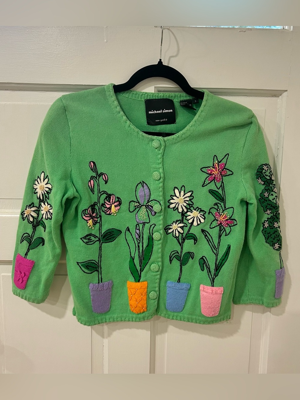 Michael Simon Bright Garden Spring Flowers Plants Art to Wear Sweater Medium